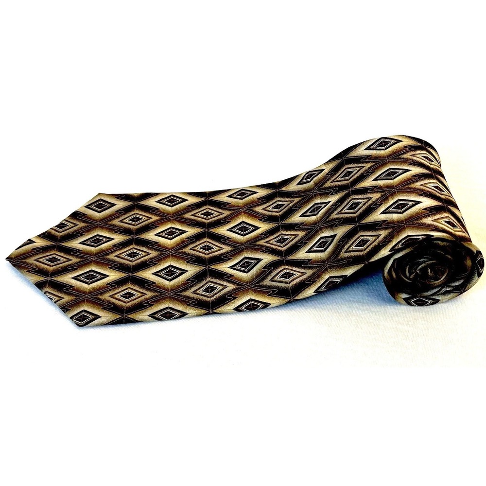 Muroya NY Tokyo Men's 4" Diamond Silk Necktie Brown Tan Cream Tie Vintage Korea